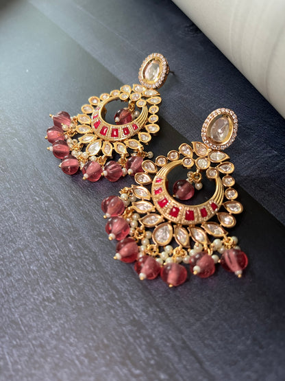 ROYAL JAIPURI PREMIUM MOSSANITE POLKI WITH KUNDAN CHANDBALI
