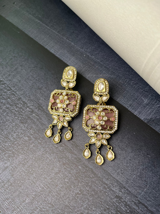 VICTORIAN PINK GOLD PLATED POLKI KUNDAN DANGLER
