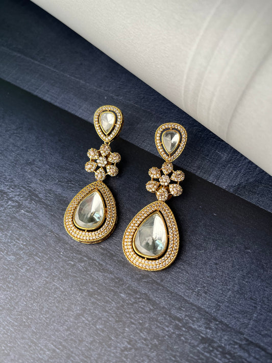 GOLD- TONED WHITE POLKI KUNDAN CONTEMPORARY DROP EARRING