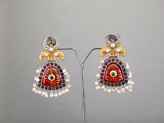 CLASSIC RED DUAL TONE TANJOR PRINT GERMAN SILVER EARRING